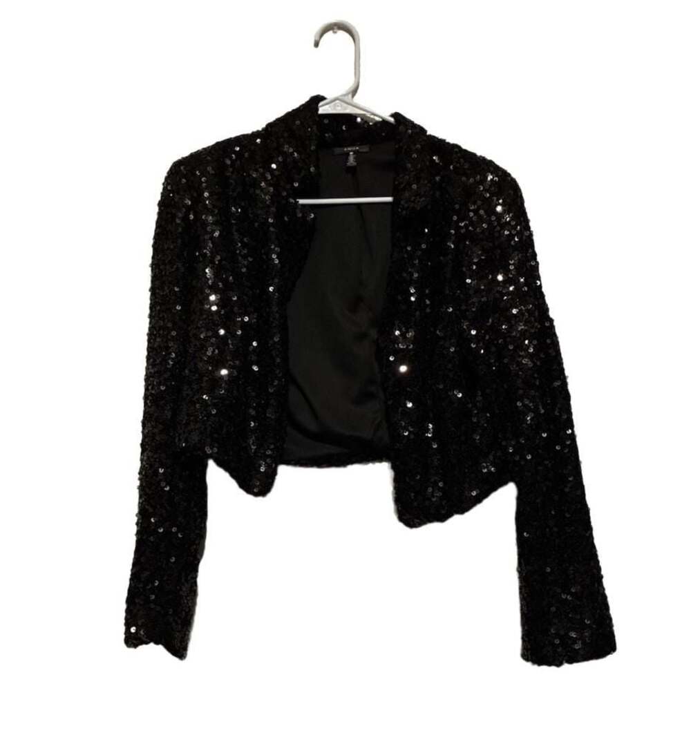 AQUA Women's Black Sequin Cropped Open Front Blazer Jacket